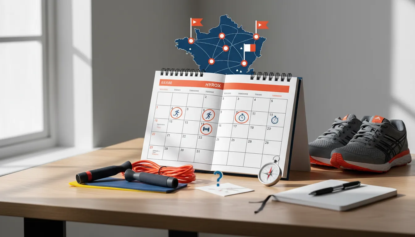 Calendrier, carte de France épinglée et chaussures de course sur un bureau