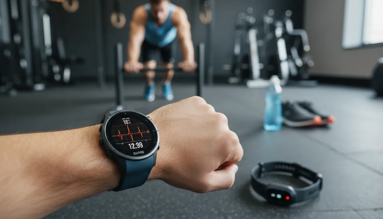 Poignet avec montre cardio au premier plan, athlète sur un rameur en arrière-plan