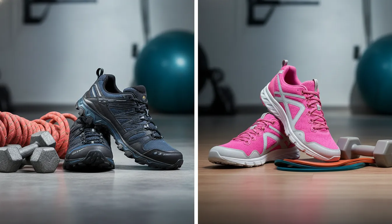 Une chaussure de sport grise et une rose côte à côte dans une salle de sport