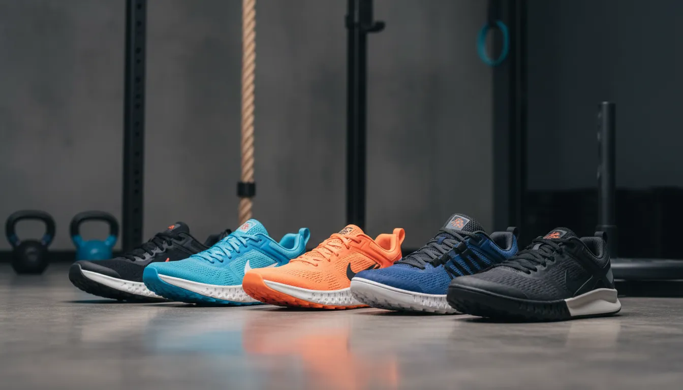 Rangée de chaussures de running bleues, orange et noires sur le sol d'une salle