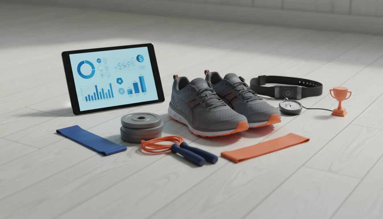 Chaussures, tablette avec graphiques, corde à sauter et ceinture sur un sol clair