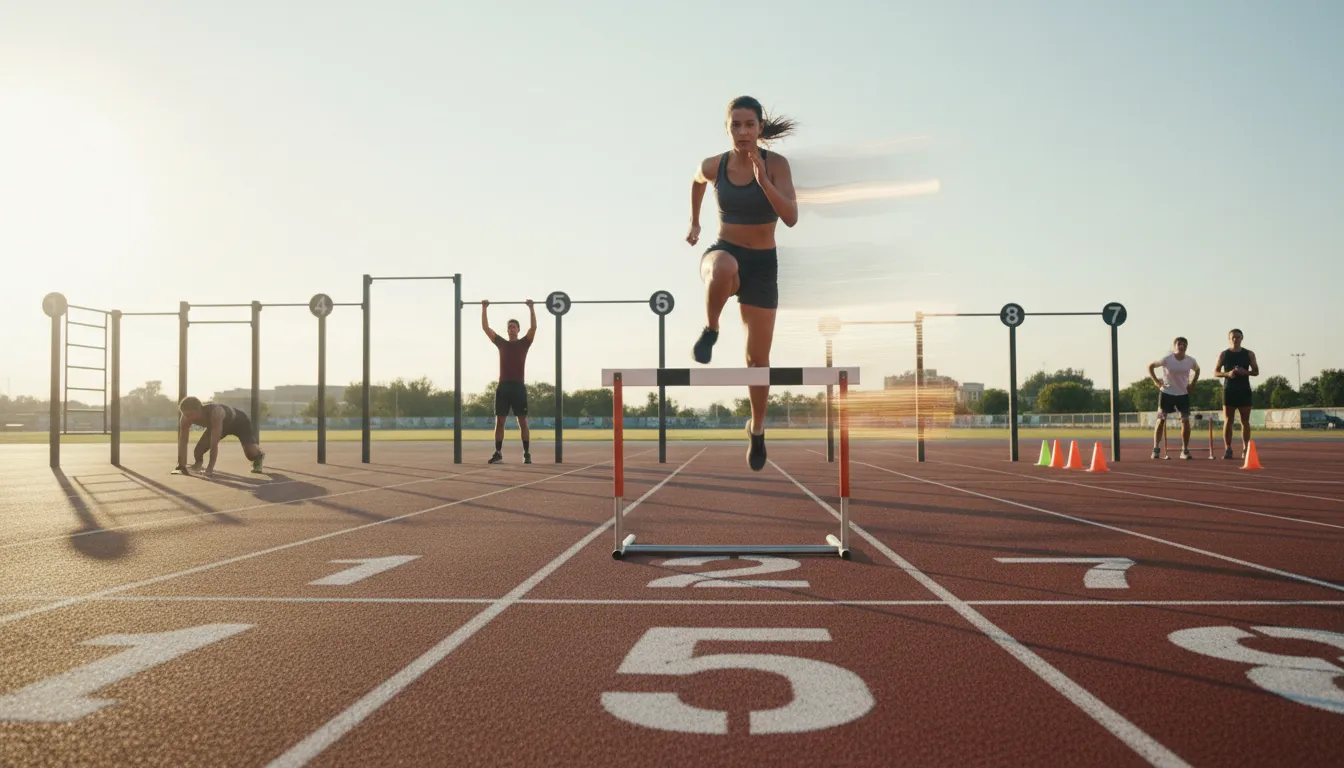 Athlète qui franchit une haie sur une piste d'athlétisme numérotée