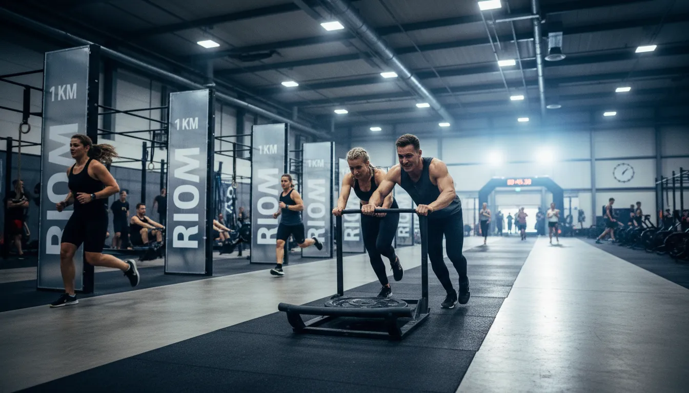 Athlètes poussant des traîneaux le long d'un couloir de course en salle Hyrox