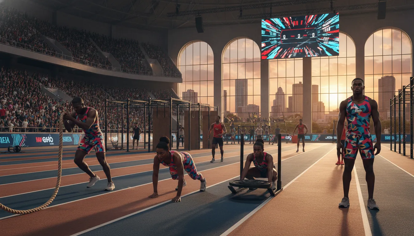 Athlètes en course sur une piste sous les arches d'un stade au coucher du soleil