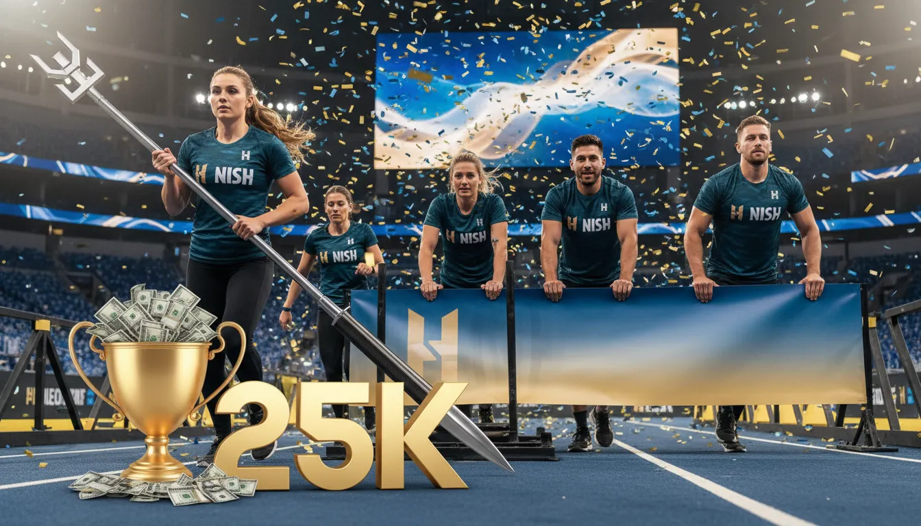 Équipe d'athlètes sur un podium sous des confettis, trophée doré et somme 25K