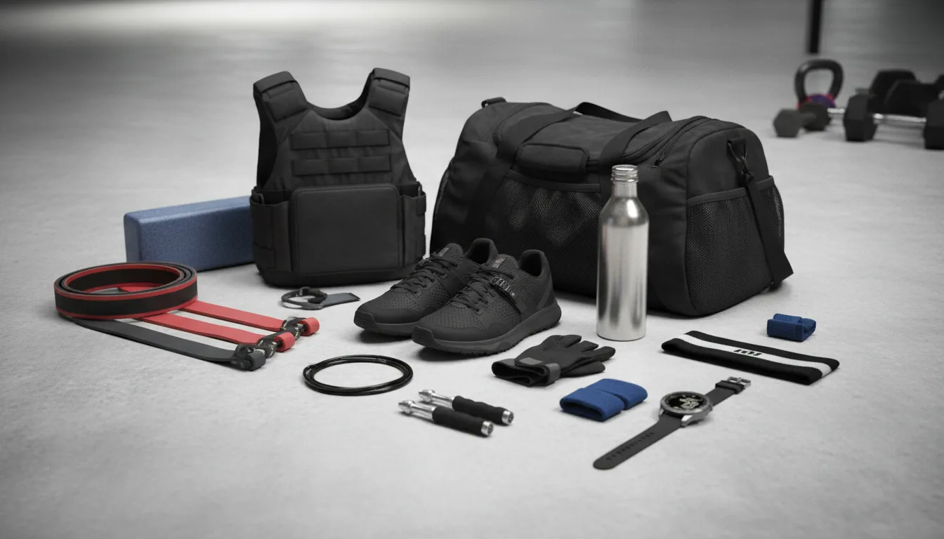 Gilet lesté, sac, chaussures noires, cordes et gourde posés sur un sol gris
