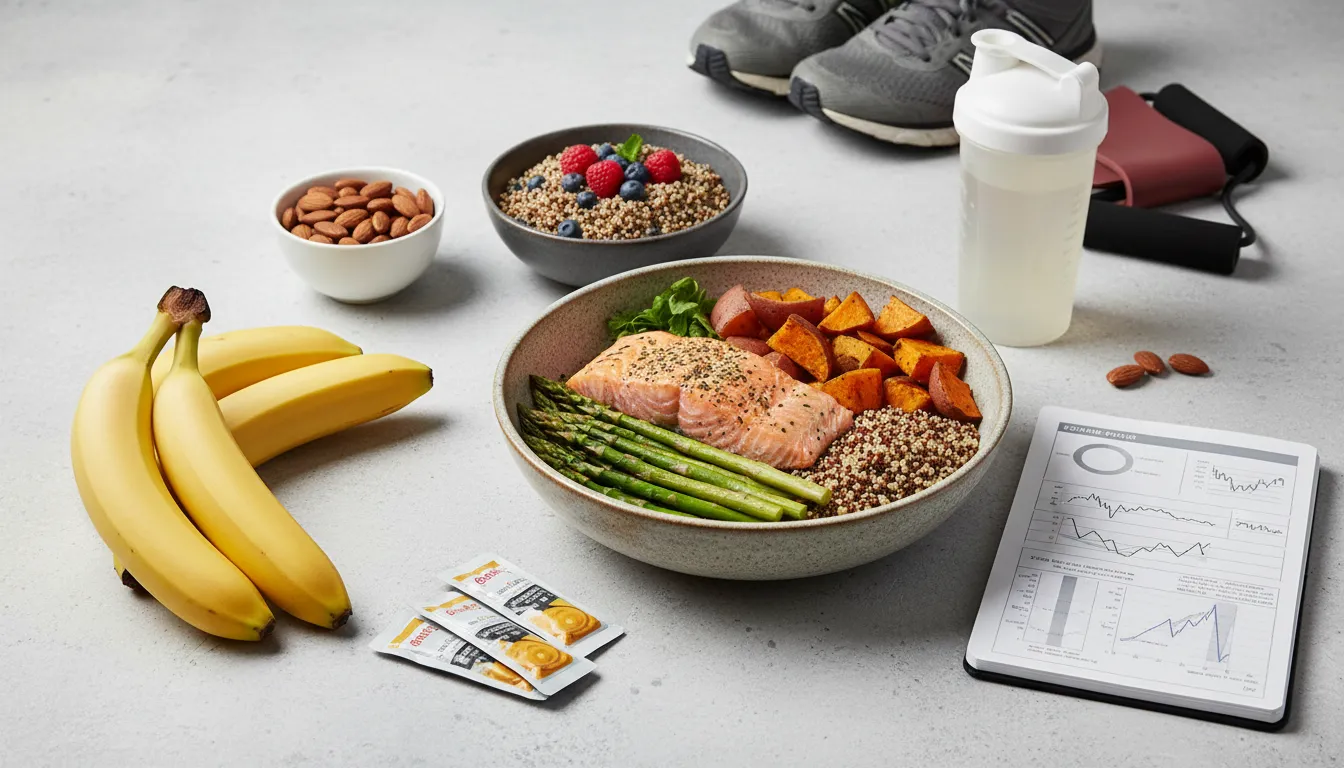 Bananes, bol de riz au saumon, gels énergétiques et shaker sur une table blanche