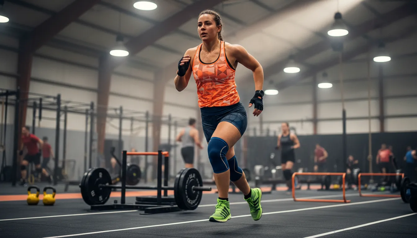 Athlète en brassière orange et short court courant dans une salle Hyrox