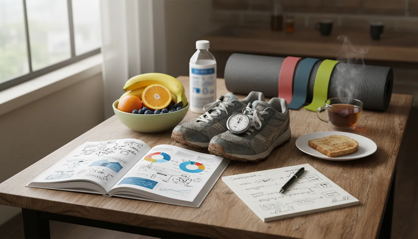 Chaussures usées, rouleau de massage, fruits et cahier de notes sur une table en bois