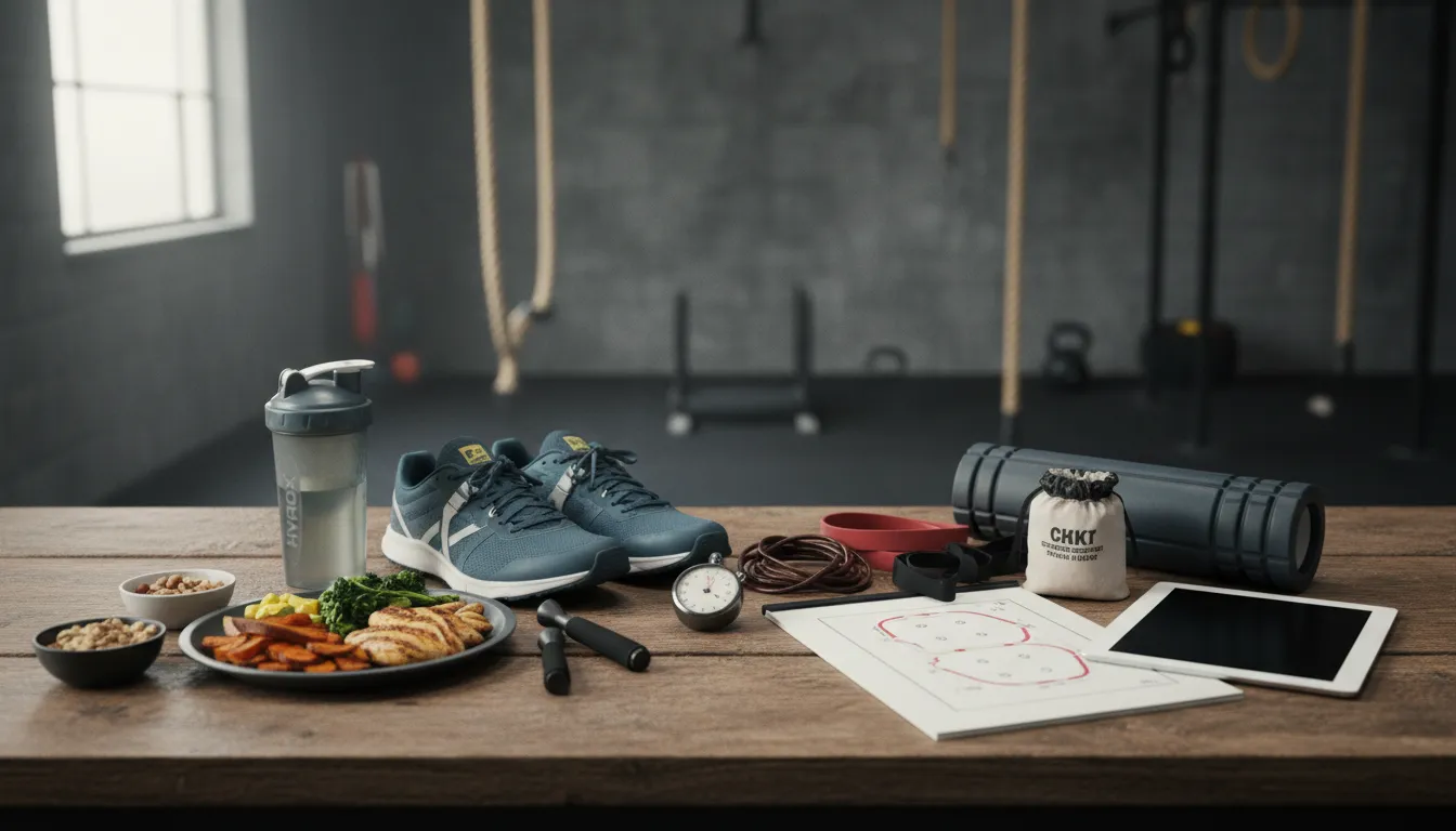 Repas, shaker, chaussures, chrono et tablette alignés sur une table d'atelier
