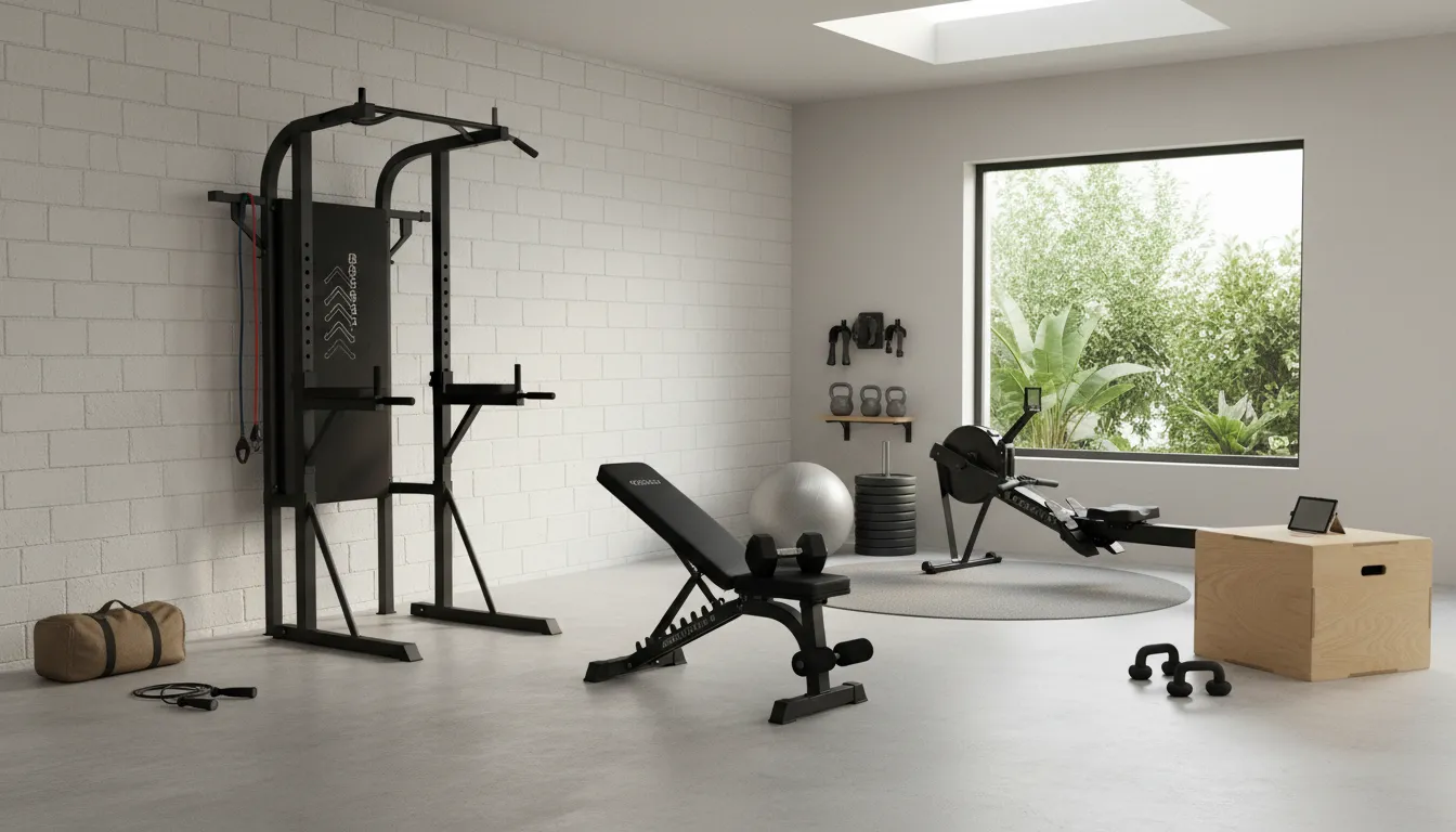 Salle de sport à domicile avec cage, banc, rameur et box de saut