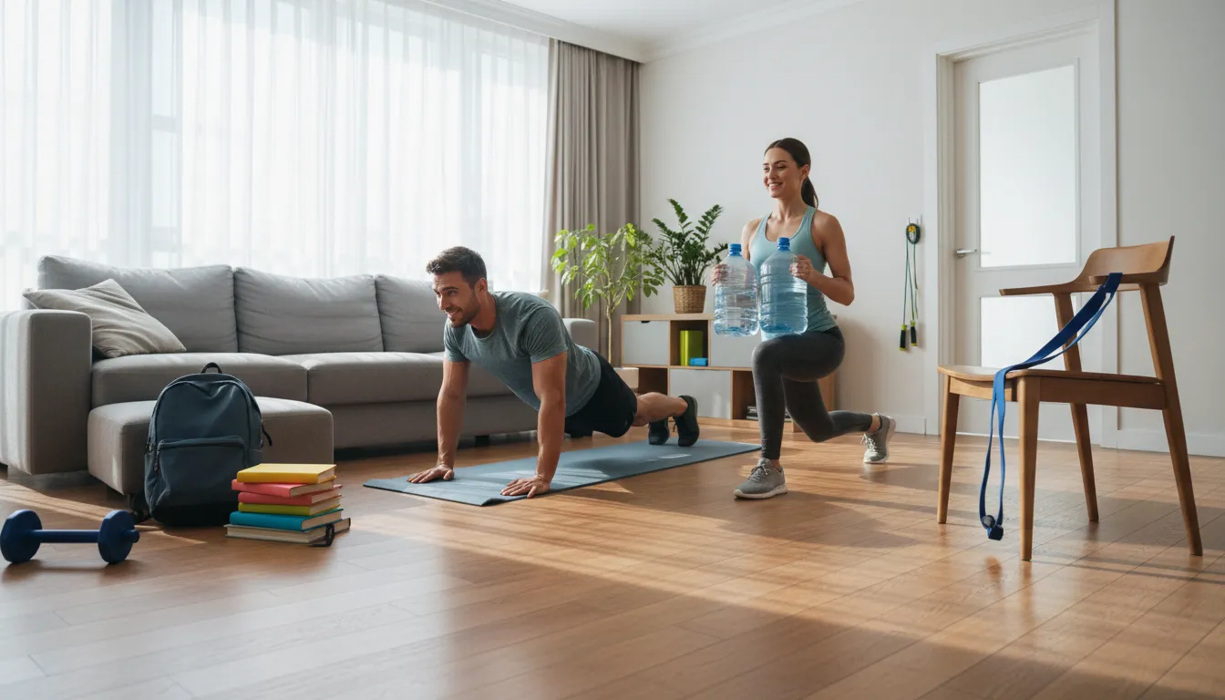 Homme en pompes et femme en fente dans un salon aménagé pour l'entraînement