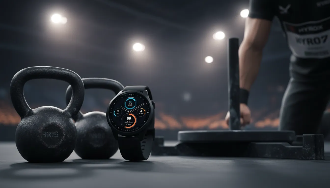 Montre connectée posée contre deux kettlebells devant un athlète flou en salle