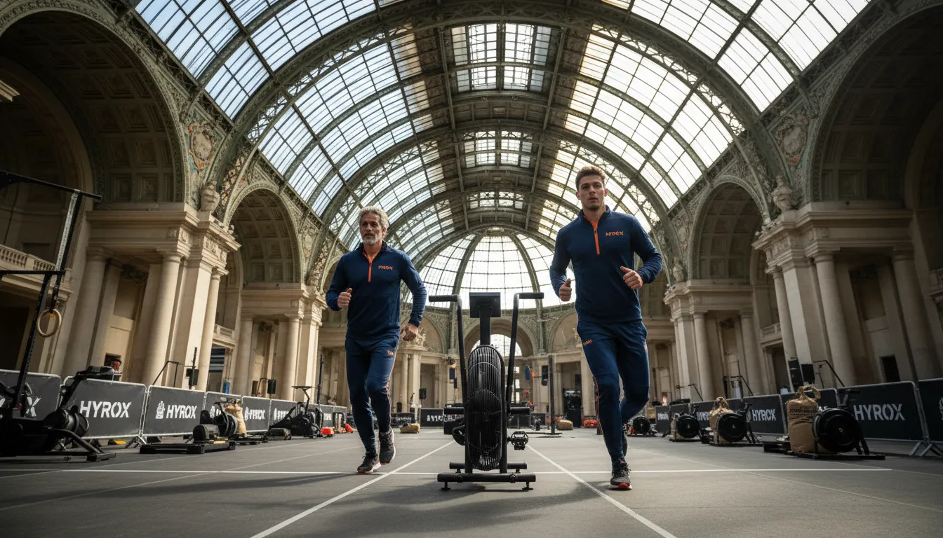 Deux athlètes courent côte à côte sous la verrière du Grand Palais pendant un Hyrox