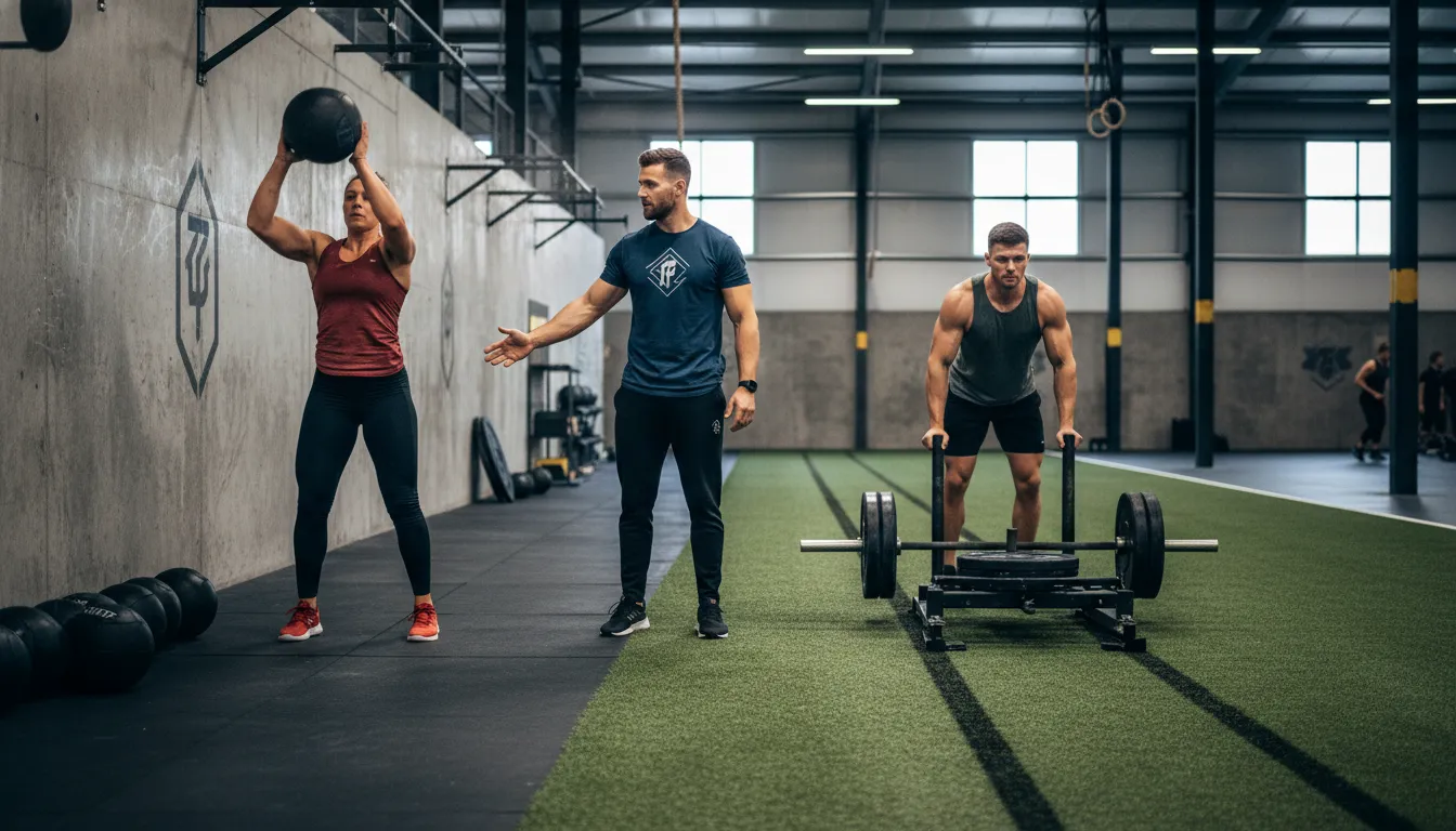 Coach observant deux athlètes, l'un au wall ball, l'autre au traîneau, en salle