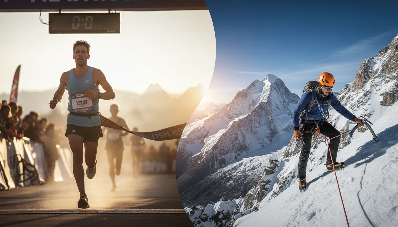 Coureur de marathon à gauche et alpiniste sur une arête enneigée à droite