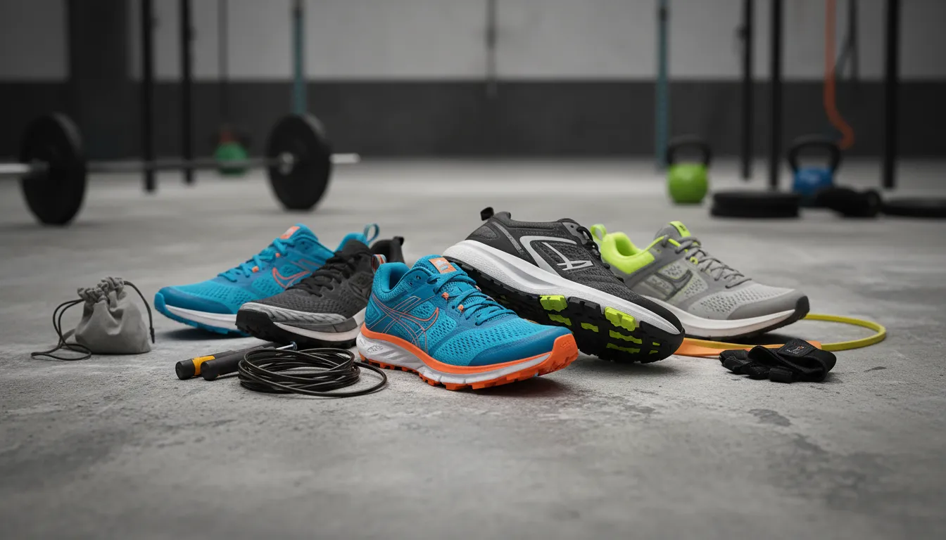 Trois paires de chaussures de running bleues, orange et grises sur le sol d'une salle