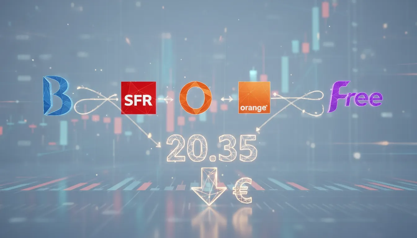 Logos de Bouygues, SFR, Orange et Free autour du chiffre 20,35 milliards