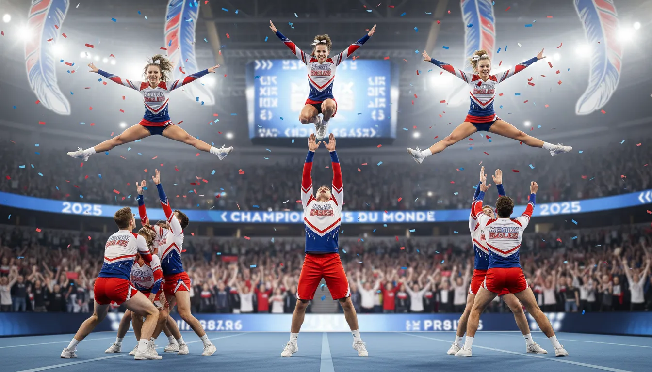 Équipe de cheerleading en pyramide, bras levés, devant une tribune de championnat